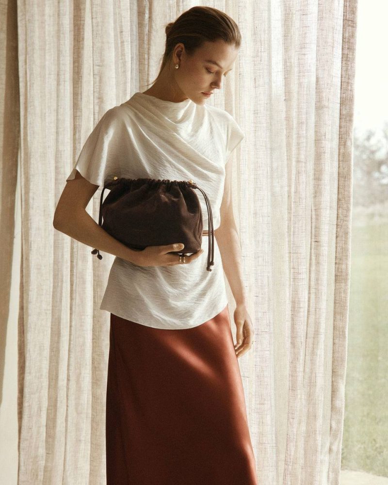 Charlotte Midi Drawstring Chocolate Suede Women Shoulder Bags Strathberry