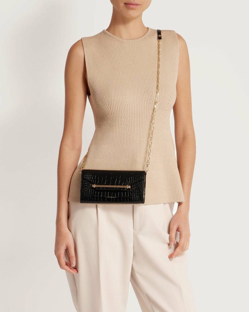Embossed Edit Bags Strathberry Croc-Embossed Leather Black Women Multrees Chain Wallet