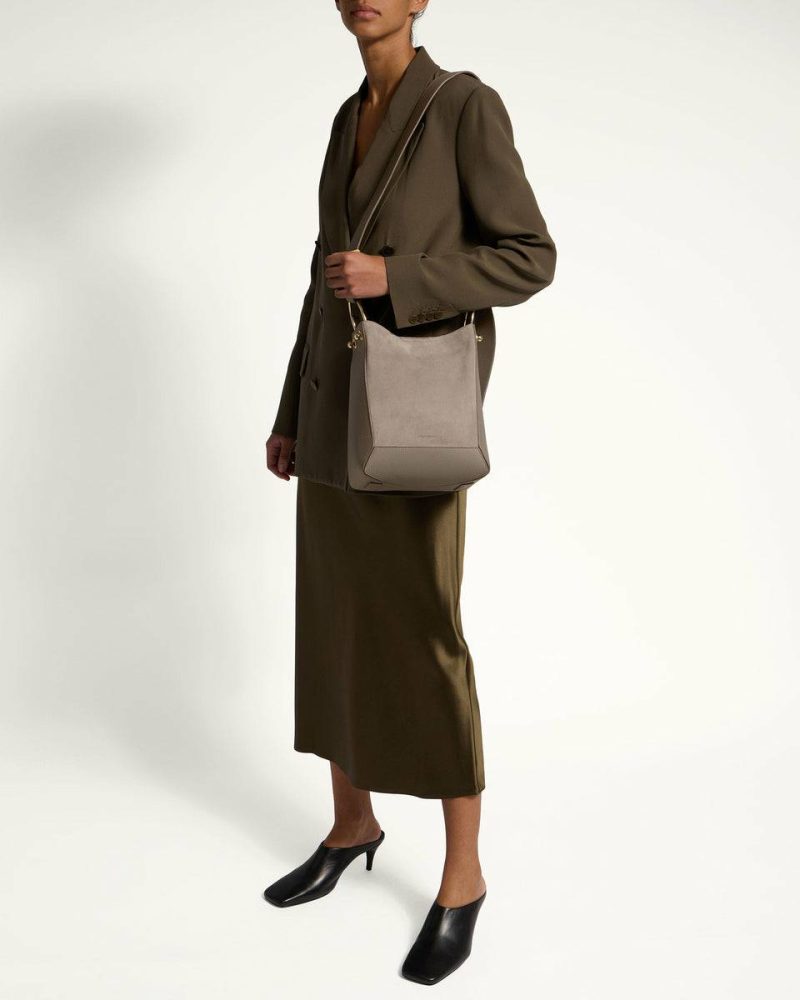 Lana Midi Bucket Bag Strathberry Women Taupe Suede Shoulder Bags