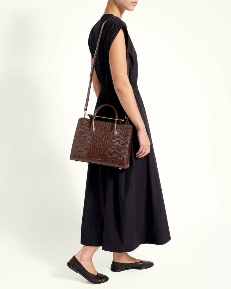 Midi Tote Strathberry Croc-Embossed Leather Chocolate Women Embossed Edit Bags