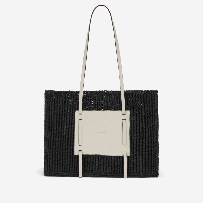 The Capri Black Raffia & Off-White Smooth Women Shoulder Bags Demellier