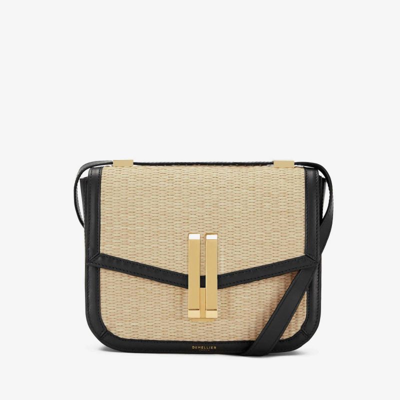 Women Demellier The Vancouver Natural Raffia Black Smooth Crossbody Bags